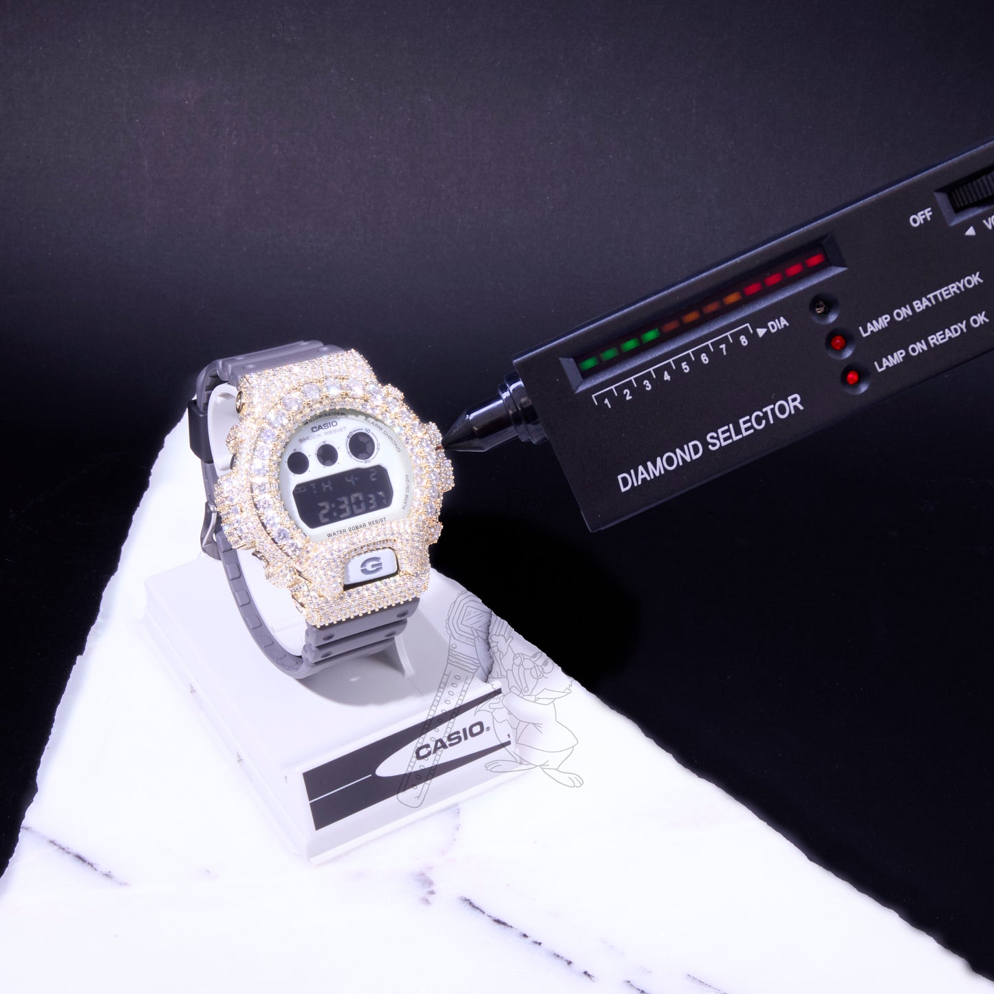 Casio G-Shock DW6900 White Iced Out Moissanite Mod D Color VVS Men's Watch