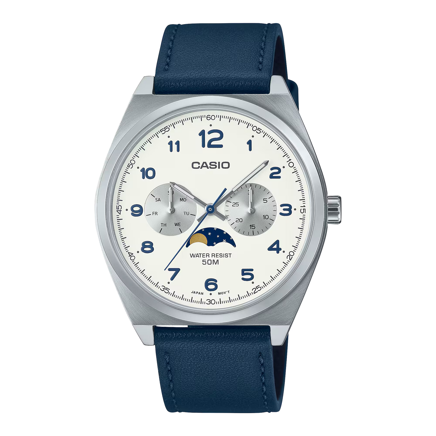 CASIO MTP-M300L-7AV MOON PHASE LEATHER BAND ANALOG WHITE DIAL WATCH