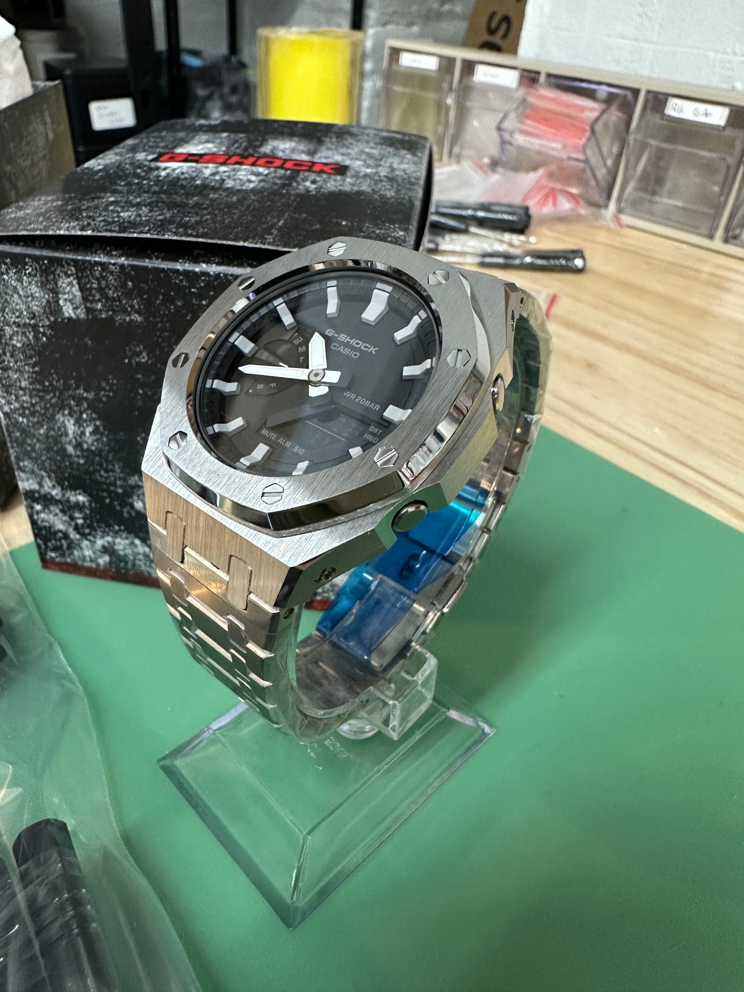 (Custom item) Casio GA-2100 G-Shock Watch – Silver Metal Case Mod – Black Dial