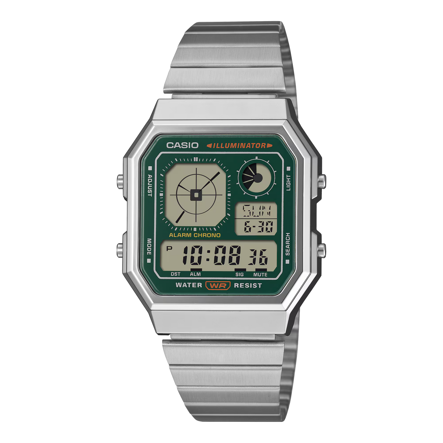 CASIO A130WE-3A A-130 RESIN/STEEL GREEN DIAL A/D WATCH