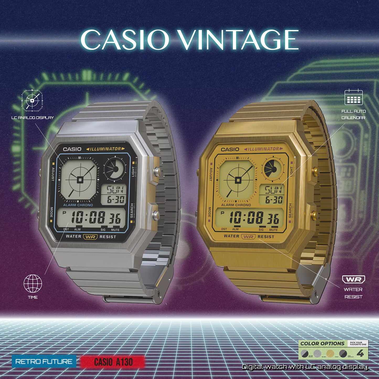 CASIO A130WE-1A A-130 RESIN/STEEL SILVER A/D WATCH