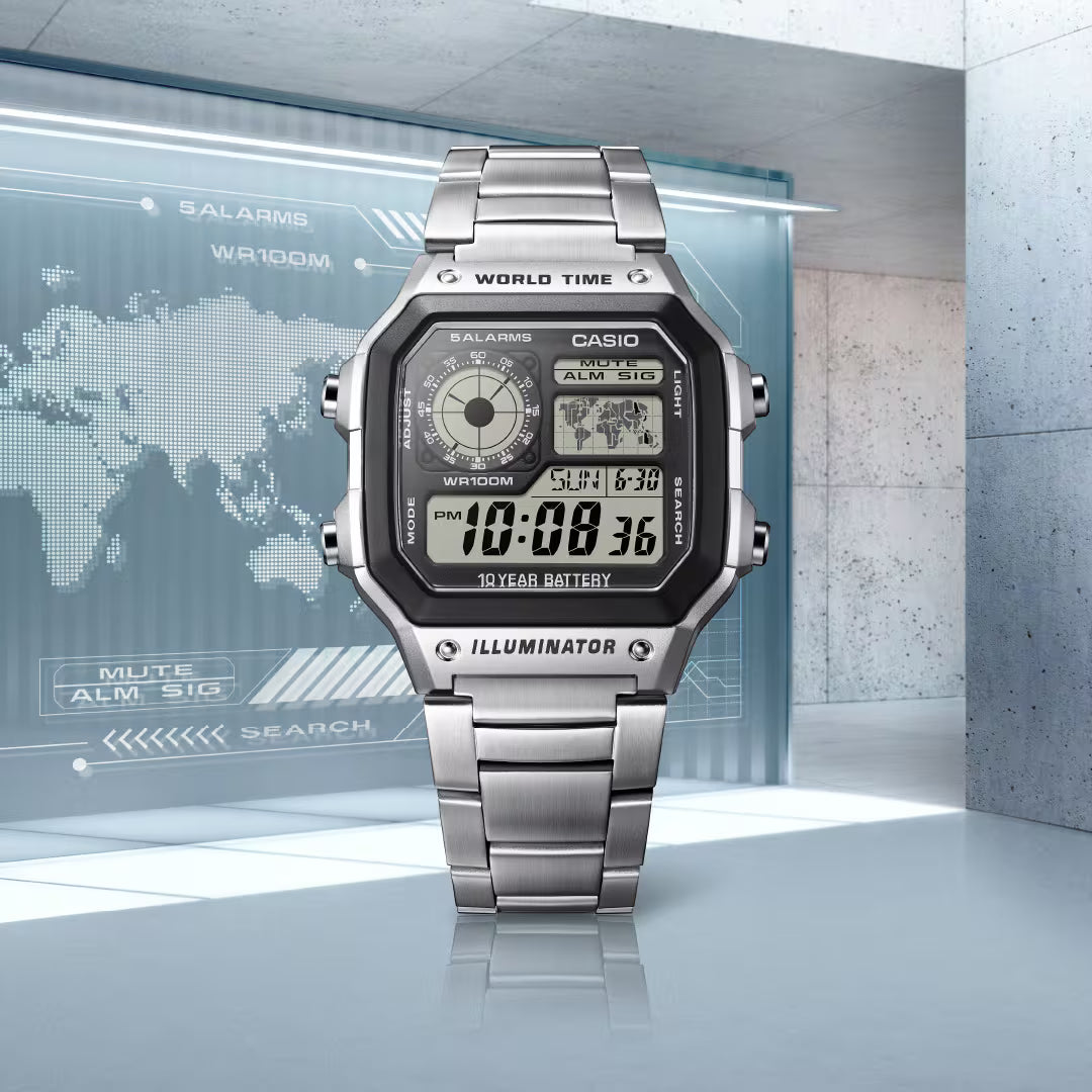 CASIO AE-1200WHD-1A AE1200 CASIO ROYALE SILVER DIGITAL WATCH