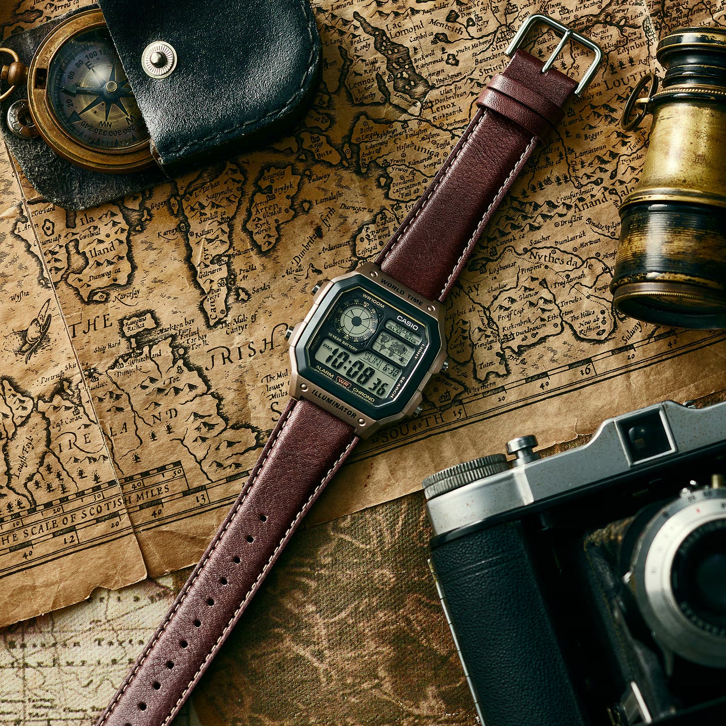 CASIO AE-1200WHL-5AV AE-1200WHL-5A LEATHER BAND METALLIC DIGITAL WATCH