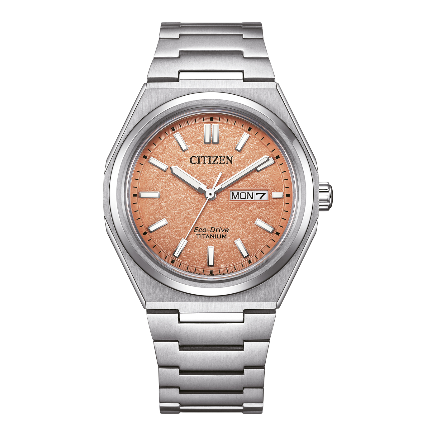 CITIZEN AW0130-85Z "ZENSHIN" 3-HAND SUPER TITANIUM SALMON / ORANGE DIAL WATCH