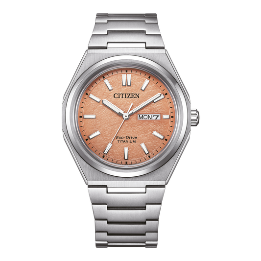 CITIZEN AW0130-85Z "ZENSHIN" 3-HAND SUPER TITANIUM SALMON / ORANGE DIAL WATCH