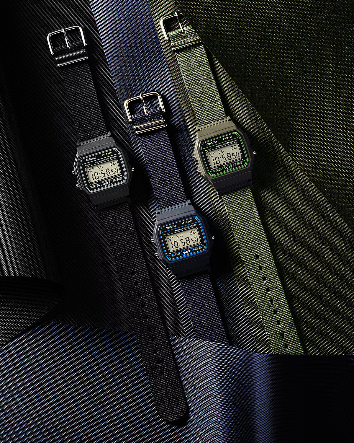 CASIO F91WF-3A F-91WF-3A GREEN / FABRIC BAND NEW DIGITAL WATCH
