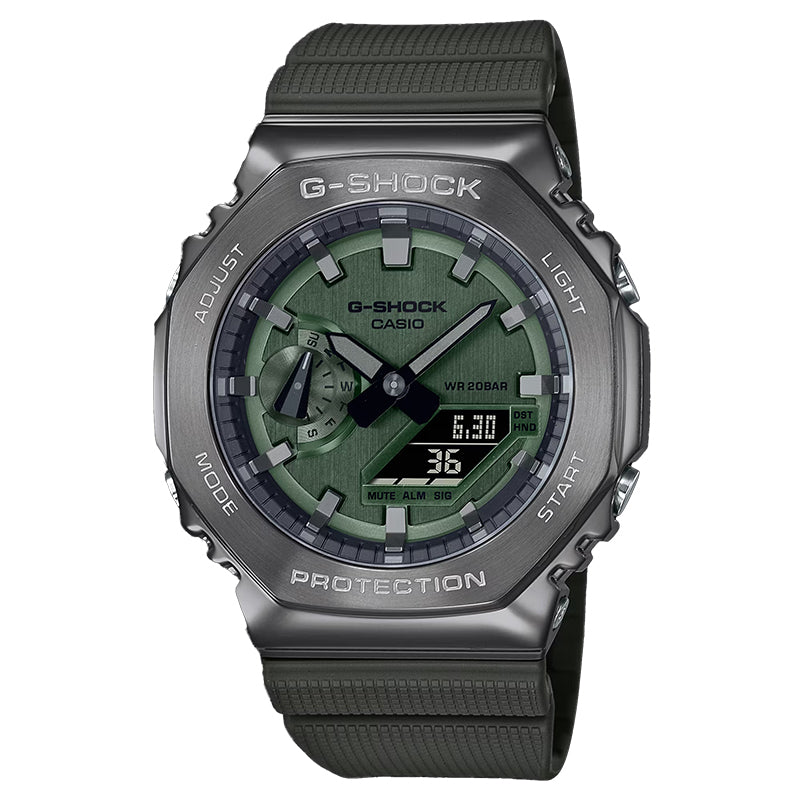 CASIO G-SHOCK GM-2100B-3A SILVER/GREEN STEEL BEZEL "CASIOAK" A/D WATCH