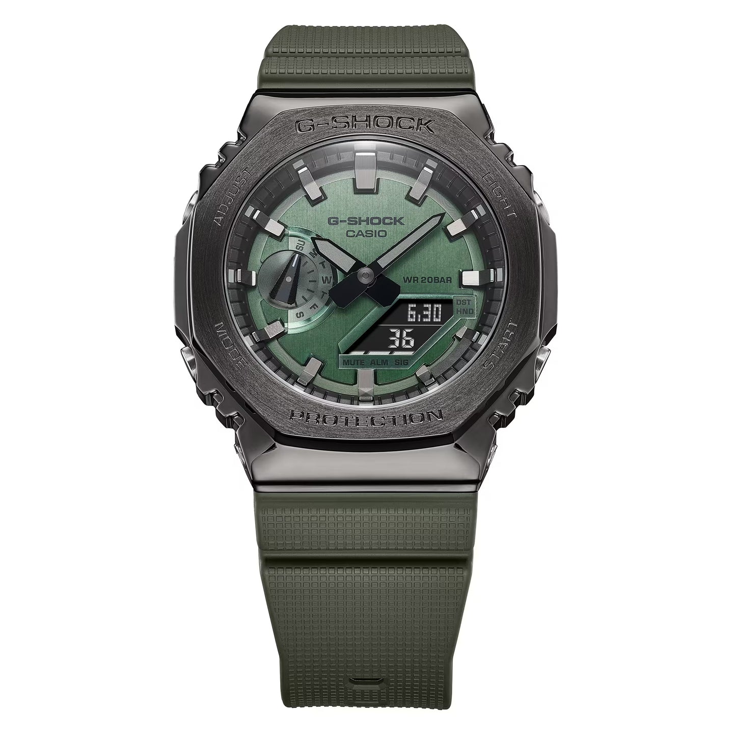 CASIO G-SHOCK GM-2100B-3A SILVER/GREEN STEEL BEZEL "CASIOAK" A/D WATCH