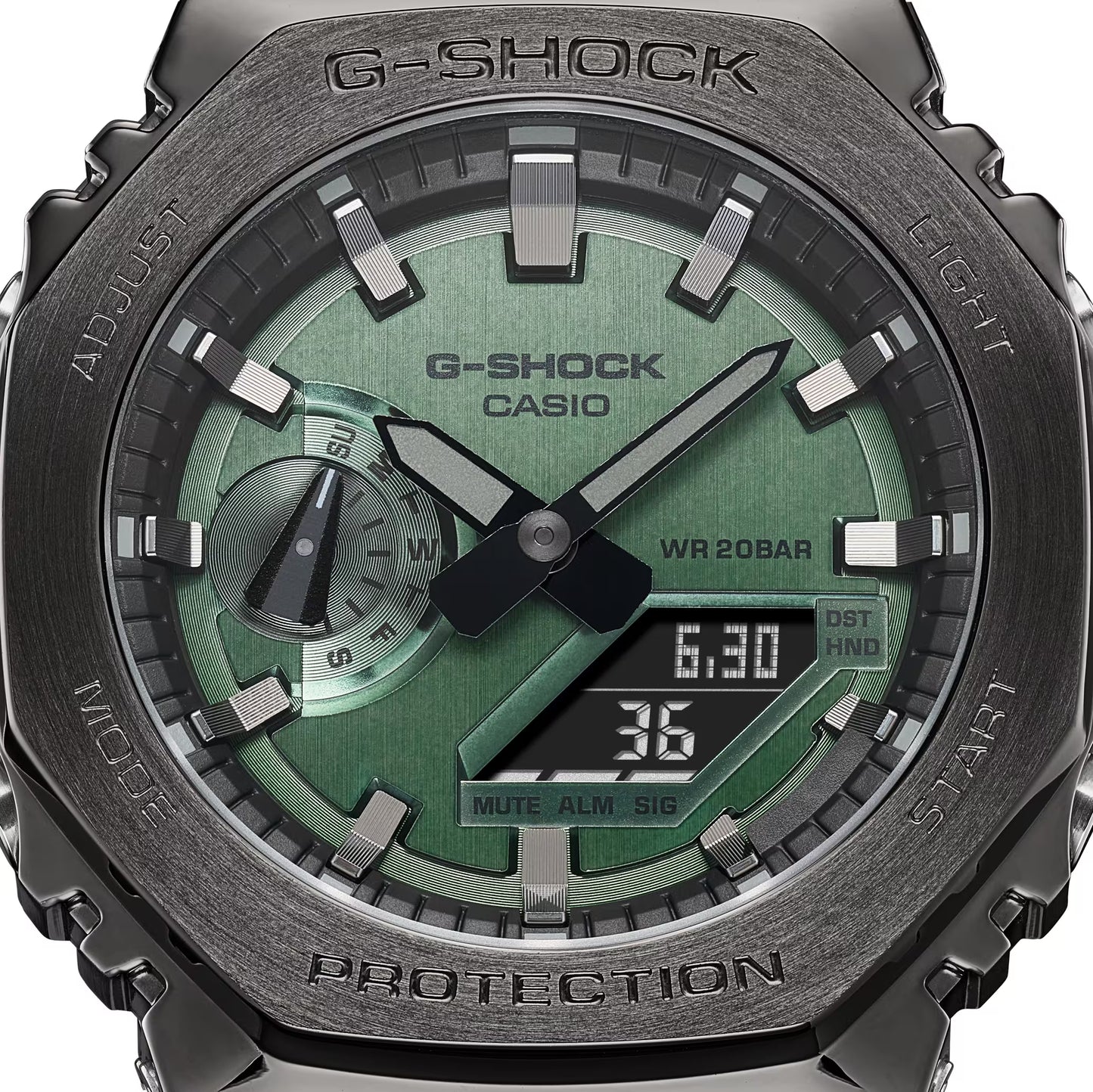 CASIO G-SHOCK GM-2100B-3A SILVER/GREEN STEEL BEZEL "CASIOAK" A/D WATCH