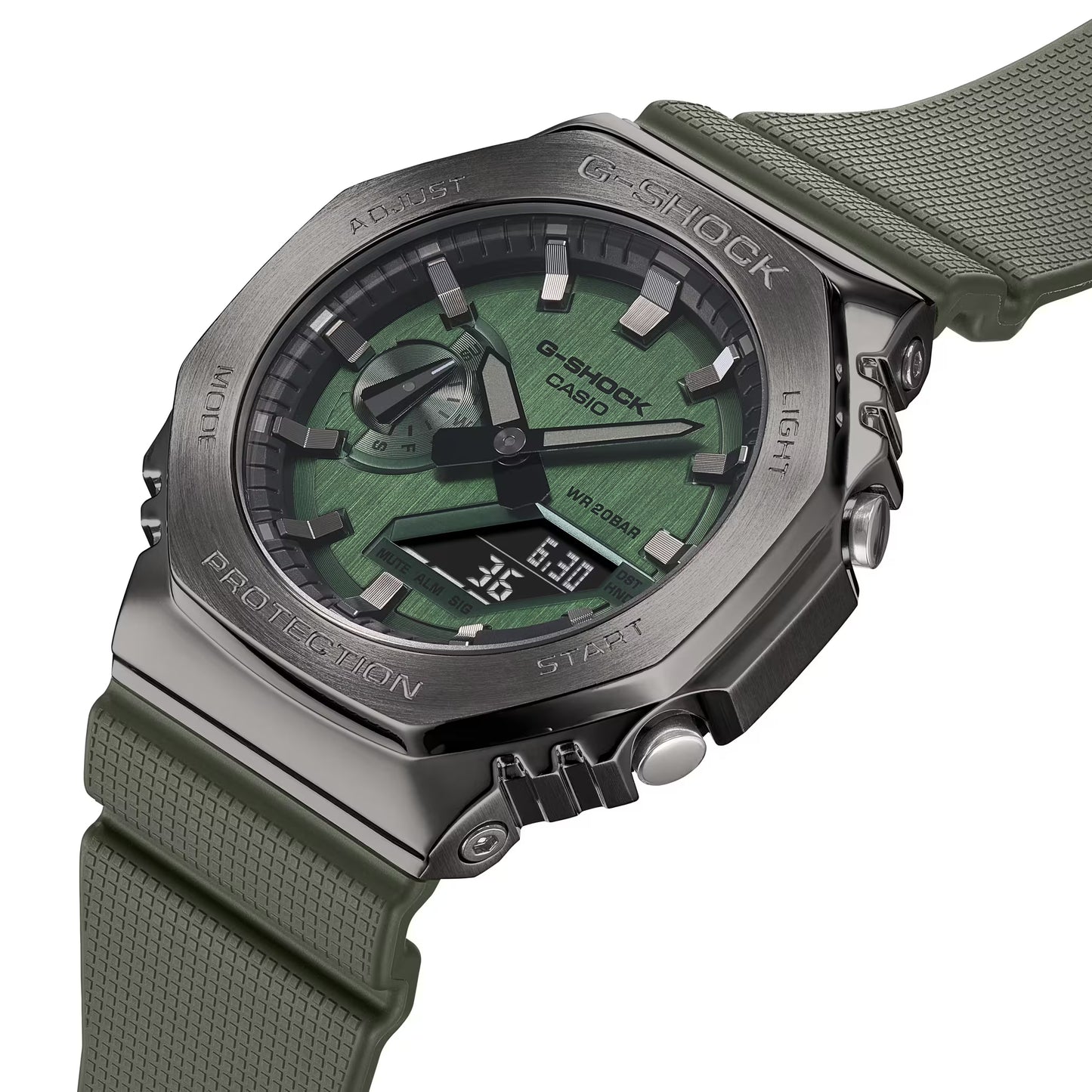 CASIO G-SHOCK GM-2100B-3A SILVER/GREEN STEEL BEZEL "CASIOAK" A/D WATCH