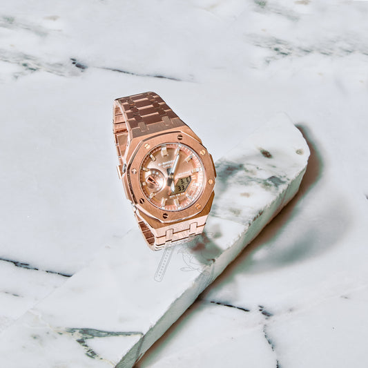 Casio GA-2100 G-Shock Watch – Full Rose Gold Metal Case & Bracelet Mod – Rose Gold Dial