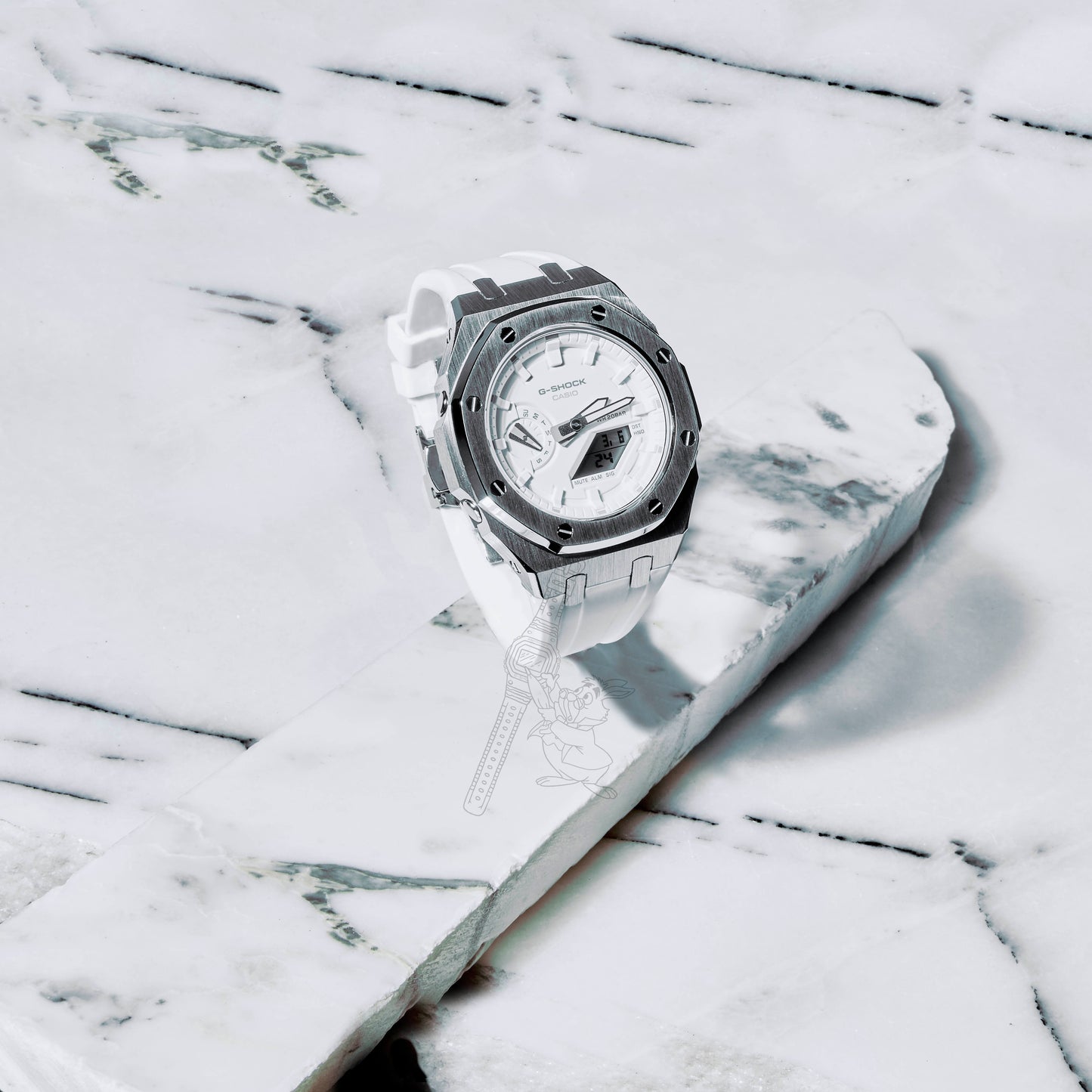 Casio GA-2100 G-Shock Watch –  Metal Case & Rubber Strap Mod – White Dial