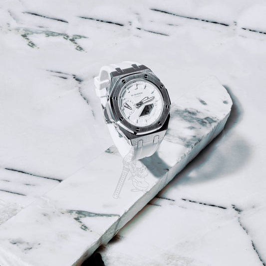 Casio GA-2100 G-Shock Watch –  Metal Case & Rubber Strap Mod – White Dial