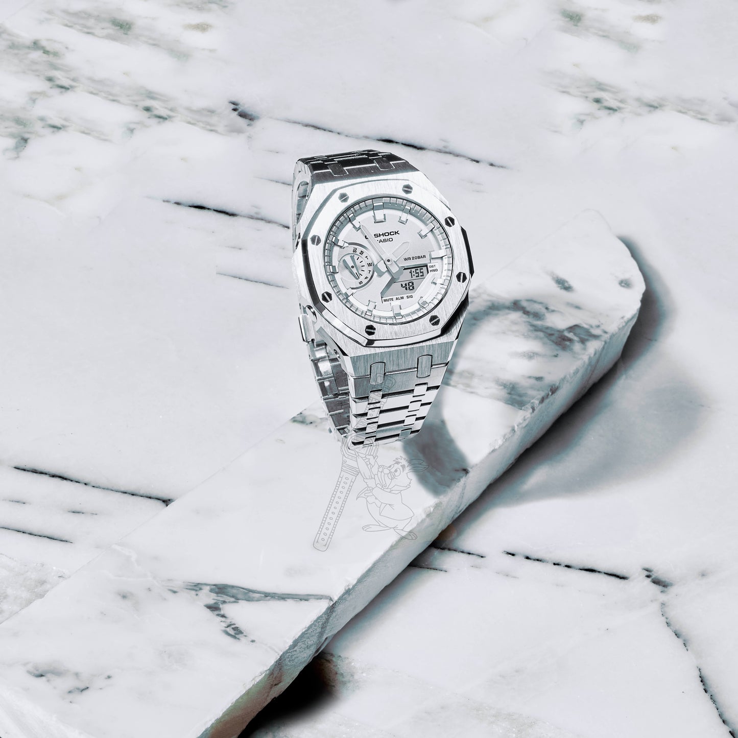 Casio GA-2100 G-Shock Watch – Full Silver Metal Case & Bracelet Mod – Silver Dial