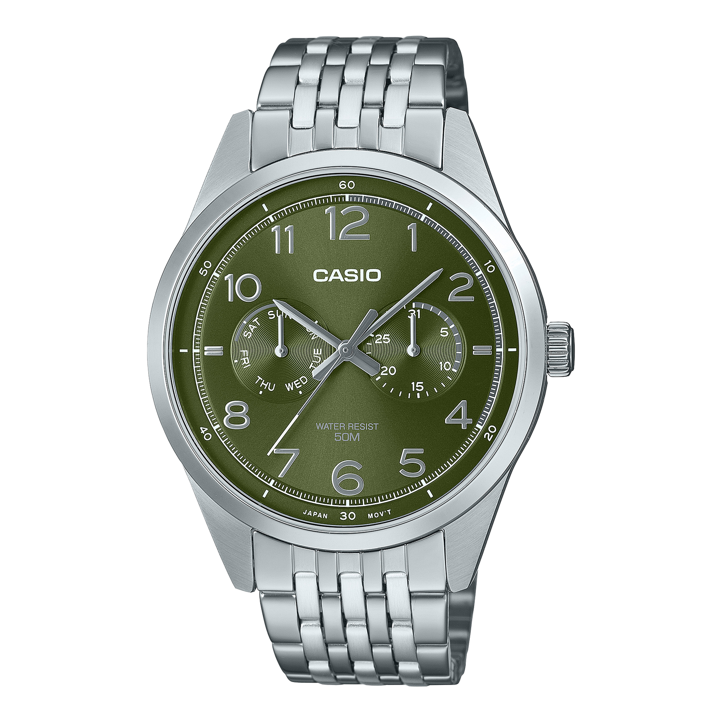 CASIO MTP-E340D-3AV GREEN DIAL DAY / DATE SUB-DIAL QUARTZ ANALOG WATCH