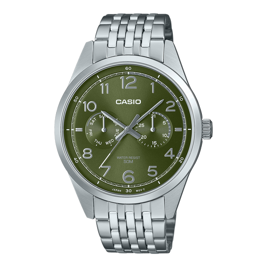 CASIO MTP-E340D-3AV GREEN DIAL DAY / DATE SUB-DIAL QUARTZ ANALOG WATCH