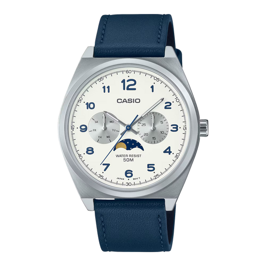 CASIO MTP-M300L-7AV MOON PHASE LEATHER BAND ANALOG WHITE DIAL WATCH