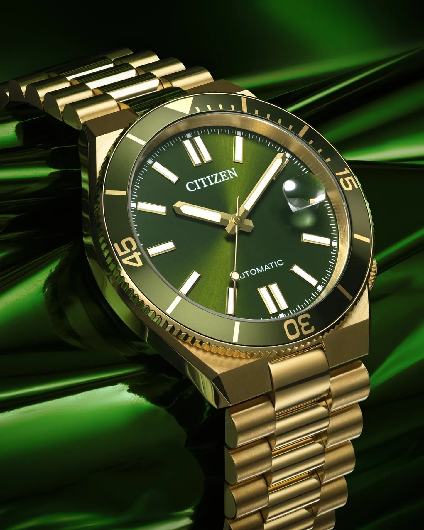 CITIZEN NJ0232-53X "TSUYOSA SHORE" GOLD TONE GREEN DIAL MEN'S WATCH