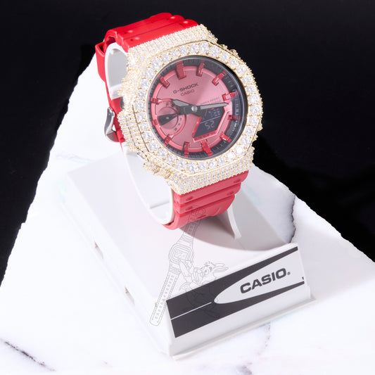 Casio G-Shock GA2100 Red Dial Iced Out Moissanite Mod D Color VVS Men's Watch