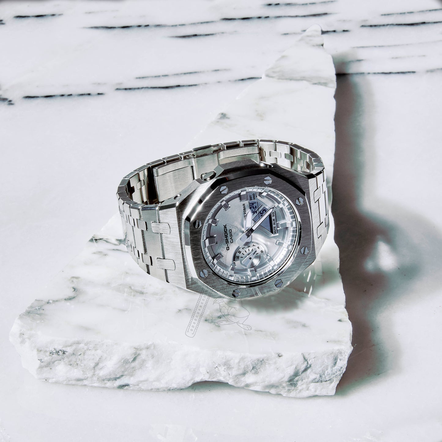 Casio GA-2100 G-Shock Watch – Full Silver Metal Case & Bracelet Mod – Silver Dial