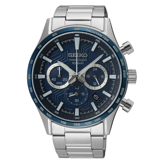 SEIKO SSB445P1 QUARTZ CHRONOGRAPH STAINLESS STEEL BLUE PATTERN DIAL WATCH