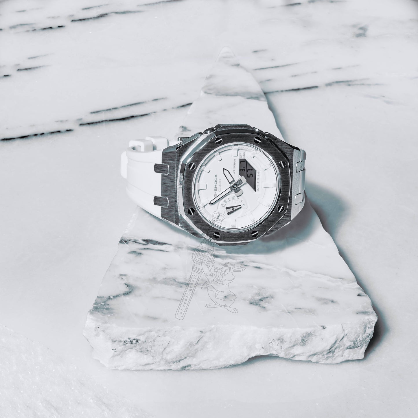 Casio GA-2100 G-Shock Watch –  Metal Case & Rubber Strap Mod – White Dial