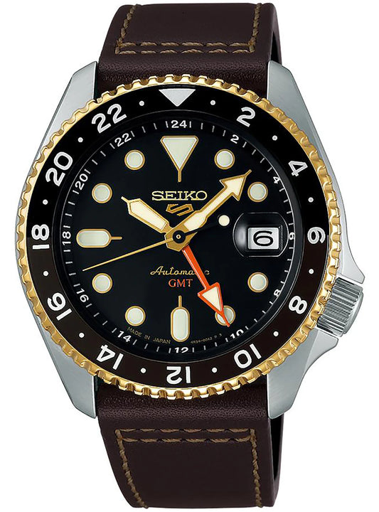 SEIKO 5 SPORTS SBSC020 JDM "5KX" GMT BLACK DIAL ON LEATHER MENS WATCH