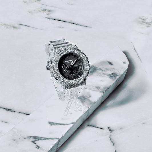 Casio G-Shock GA2100 Clear Skeleton ICED OUT VVS Moissanite Bezel Mod + OG Bezel