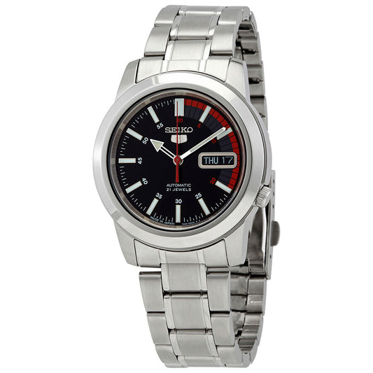 SEIKO 5 SNKK31J1 AUTOMATIC STAINLESS STEEL WATCH BLACK DIAL RED ACCENT
